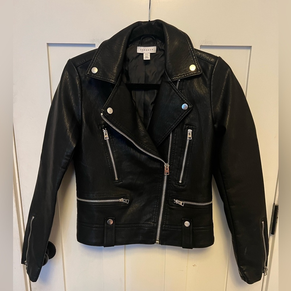 Topshop BLACK Faux Leather Biker Moto Classic Minimalist Jacket Size 4 - Picture 6 of 13